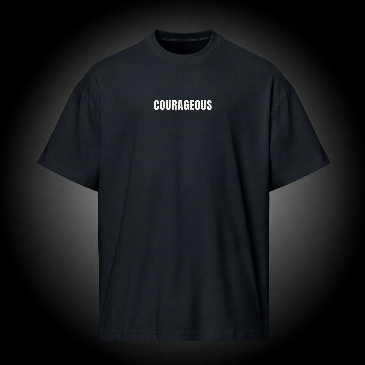 Courageous Christian T-Shirt featuring Joshua 1:9 Bible verse on a premium black cotton tee
