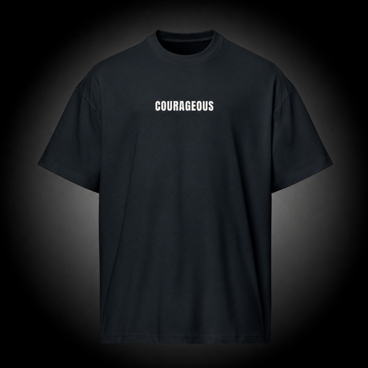 Courageous Christian T-Shirt featuring Joshua 1:9 Bible verse on a premium black cotton tee
