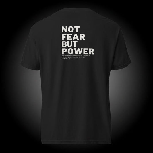 Fearless Christian T-Shirt featuring 2 Timothy 1:7 Bible verse "Not Fear But Power" design on a premium black cotton tee