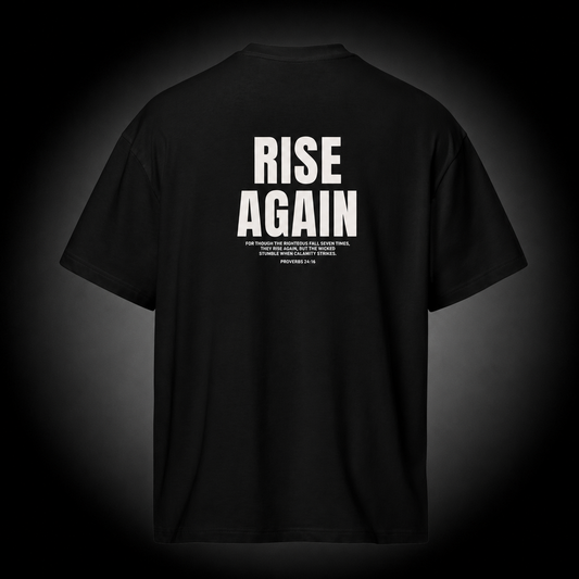 Rise Again Christian T-Shirt featuring Proverbs 24:16 Bible verse "Rise Again" design on a premium black cotton tee