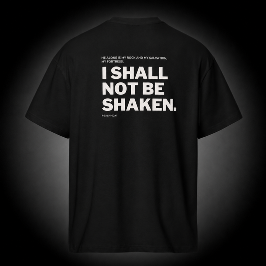 Steady Christian T-Shirt featuring Psalm 62:6 Bible verse "I Shall Not Be Shaken" design on a premium black cotton tee