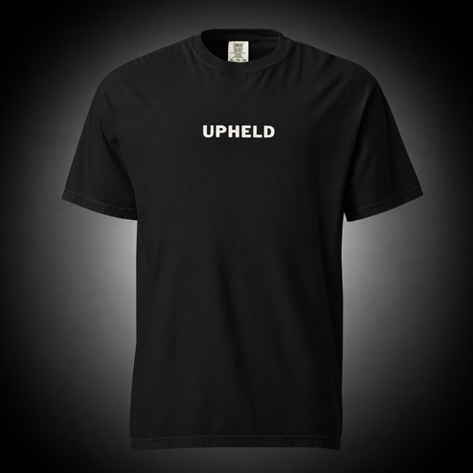 Upheld Christian T-Shirt featuring Isaiah 41:10 Bible verse on a premium black cotton tee